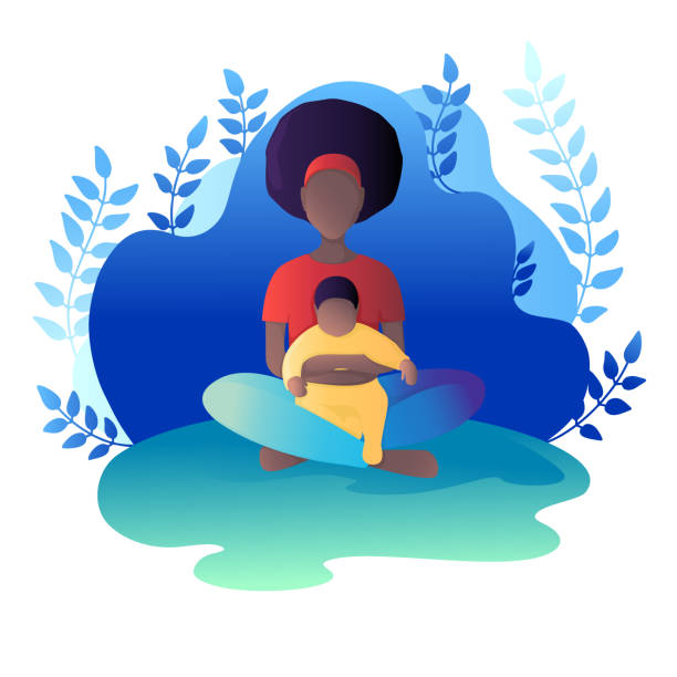 ilustrações de stock, clip art, desenhos animados e ícones de mom and child are sitting in the lotus position. vector illustration in flat style. - black mother