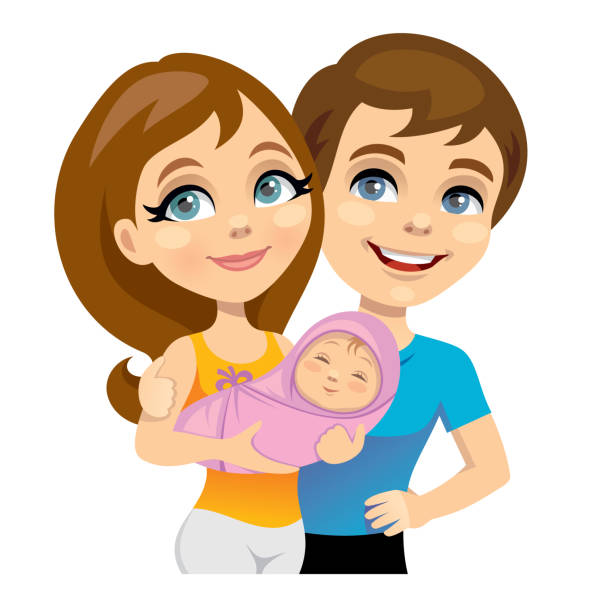 bildbanksillustrationer, clip art samt tecknat material och ikoner med mamma och pappa med en nyfödd bebis - brunt hår