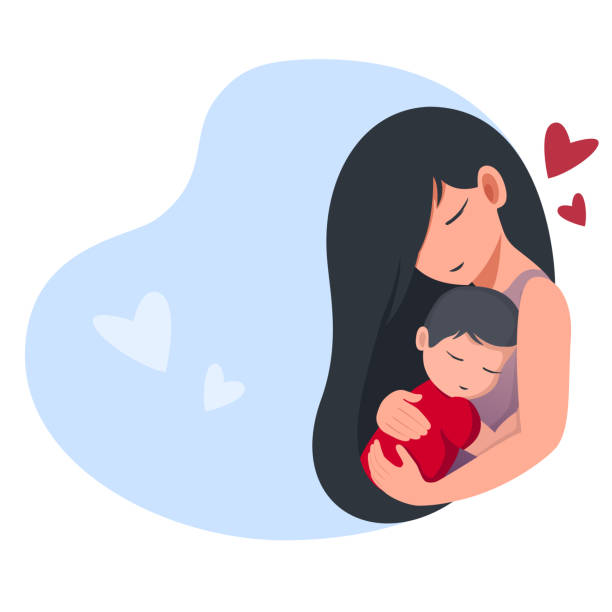 Mom holds a sleeping baby Mom holds a sleeping baby. Cartoon flat style. Isolated on a white background. Colorful vector illustration for logo, poster, icon, label, greeting card, print and web project. mother symbols stock illustrations