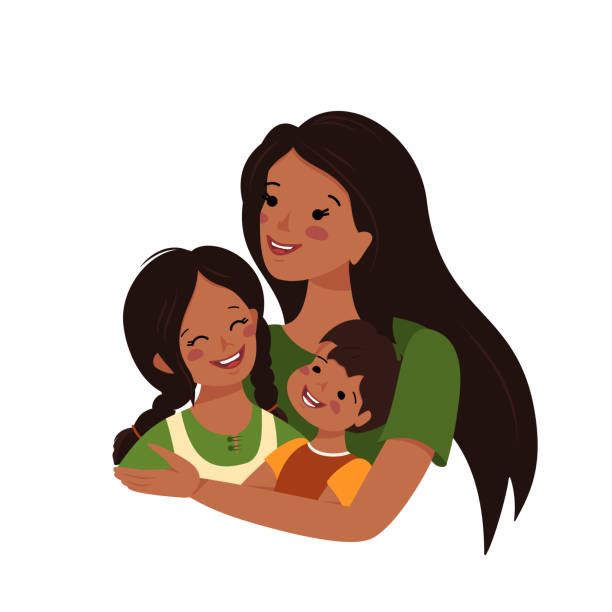 Mom hugs daughter and son. Happy mother day. Woman takes care of boy and girl. Cheerful people with black hair and dark skin. Children and parent laugh Mom hugs daughter and son. Happy mother day. Woman takes care of boy and girl. Cheerful people with black hair and dark skin. Children and parent laugh. Vector flat illustration african american mothers day stock illustrations