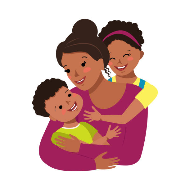 Mom hugs daughter and son. Happy mother day. Woman takes care of boy and girl. Cheerful African American people with black hair and dark skin. Children and parent laugh  african american mothers day stock illustrations