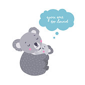 Mom koala with little baby bear. Australian animals characters vector illustration and cute lettering