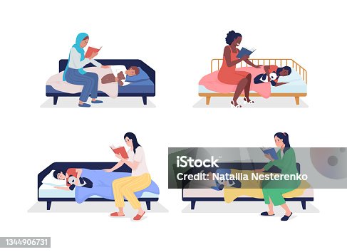 istock Mom read for child semi flat color vector character set 1344906731