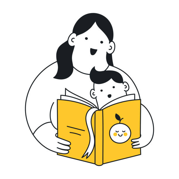 Mom reading a book to her son vector art illustration