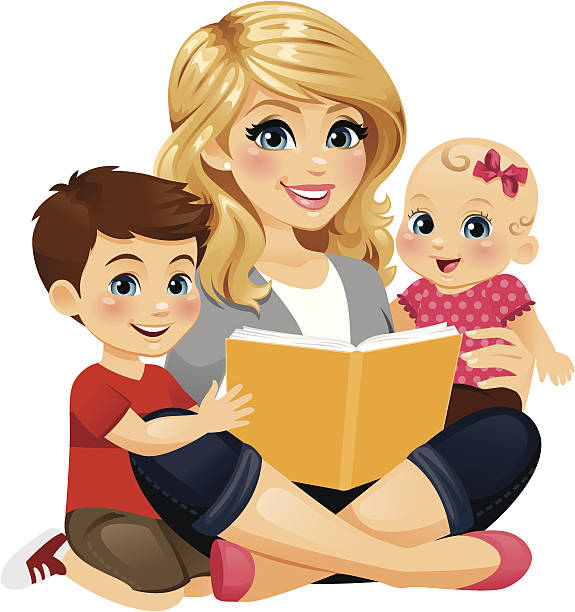 Mom Reading With Children 2 A Mom/babysitter/nanny reading with two children.  heyheydesigns stock illustrations