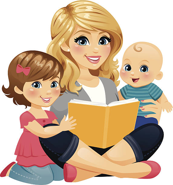 Mom Reading With Children A Mom/babysitter/nanny reading with two children. heyheydesigns stock illustrations