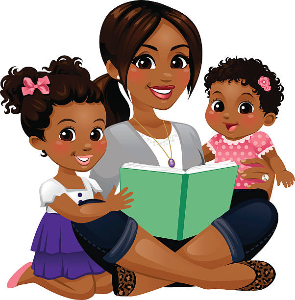 Mom Reading with Daughters A woman (mom, family member, nanny, teacher, babysitter, caregiver, etc) reading to two little girls. heyheydesigns stock illustrations