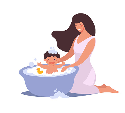 Mom washes the baby in the bathroom. The kid bathes and washes with foam, bubbles and duck. Flat cartoon vector illustration isolated on white background.