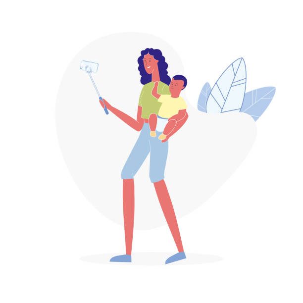 Mom with Baby Takes Photo Flat Vector Illustration Mom with Baby Takes Photo Flat Vector Illustration. Young Single Mother, Babysitter and Toddler Cartoon Characters. Smiling Woman Holding Infant. Lady with Child Posing for Selfie. Modern Motherhood selfie patterns stock illustrations