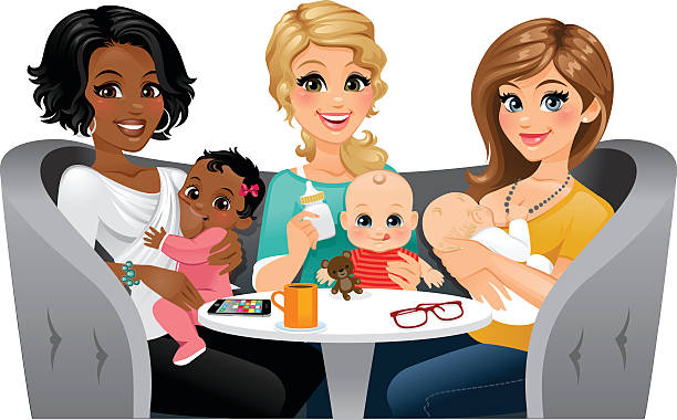 Moms Feeding their Babies A group of moms feeding their babies. One is using a bottle, and two are breastfeeding uncovered. They look like they are in a public setting.  heyheydesigns stock illustrations