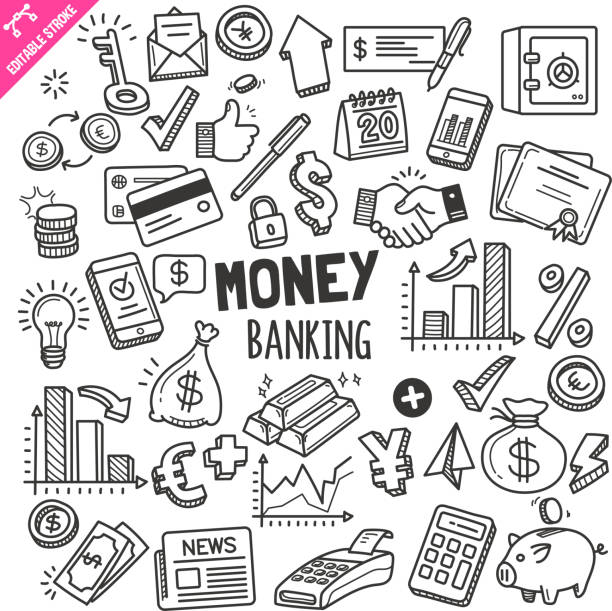 Money and Banking Design elements. Black and White Vector Doodle Illustration Set. Editable Stroke. Set of money and banking related objects and elements. Hand drawn doodle illustration collection isolated on white background. Editable stroke/outline. icon drawings stock illustrations