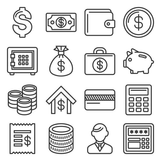 ilustraciones, imágenes clip art, dibujos animados e iconos de stock de conjunto de iconos de dinero y banca. vector de estilo de línea - pile of credit cards