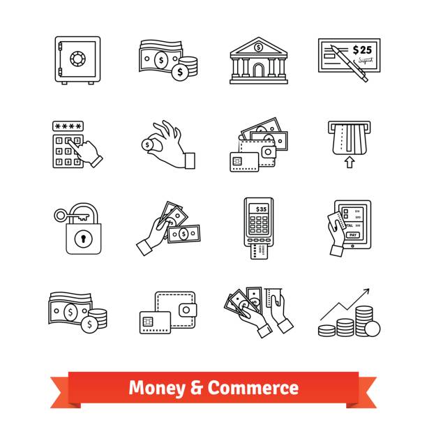 ilustraciones, imágenes clip art, dibujos animados e iconos de stock de iconos de dinero y comercio delgados línea conjunto - pile of credit cards