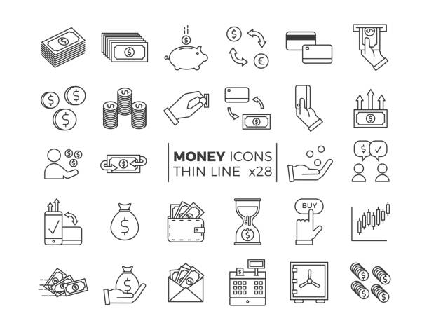 Money and Finance icons. Vector thin line pictograms of different economy subjects - savings, salary, payments, transactions. vector eps10 pile of credit cards stock illustrations