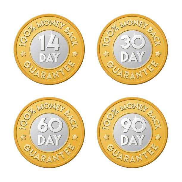 Money back guarantee golden silver coin icon set. 90, 30, 60, 14 day shop return logo. Period date guarantee money coin web page sticker set dime stock illustrations
