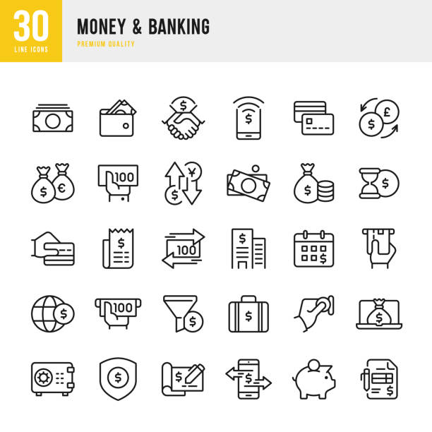 ilustraciones, imágenes clip art, dibujos animados e iconos de stock de dinero y banca - conjunto de iconos de vector de línea - banking