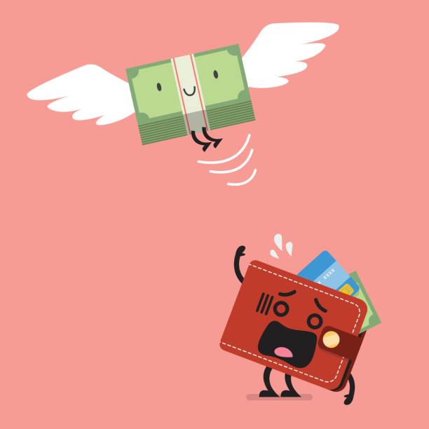 Money bill flying out of wallet character Money bill flying out of wallet character. Business concept pile of credit cards stock illustrations
