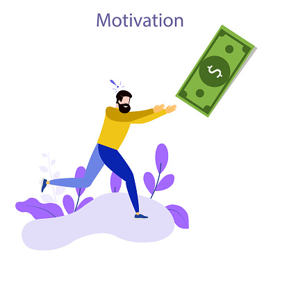 Money chase business concept with businessman running after dangling dollar and trying to catch it. Working hard and always busy in the loop routine flat style design vector illustration.