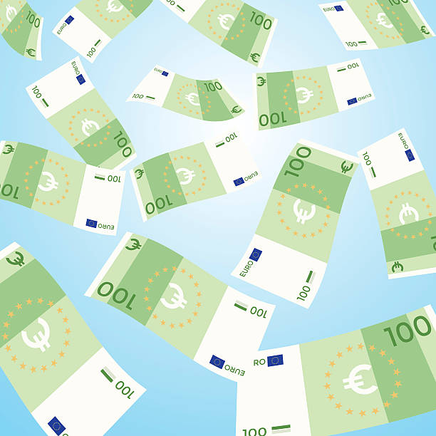 ilustrações de stock, clip art, desenhos animados e ícones de money falling from sky, 100 euro banknotes falling - notas euros voar