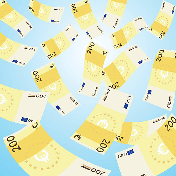 ilustrações de stock, clip art, desenhos animados e ícones de money falling from sky, 200 euro banknotes falling. - notas euros voar