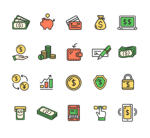 ilustraciones, imágenes clip art, dibujos animados e iconos de stock de dinero finanzas símbolos y conjunto de iconos de delgada línea de color de signos. vector de - pile of credit cards