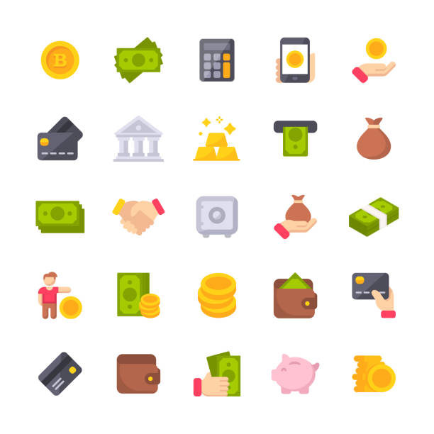 ilustrações de stock, clip art, desenhos animados e ícones de money flat icons. material design icons. pixel perfect. for mobile and web. contains such icons as isometric money, dollar bill, credit card, banking, wallet, coins, money bag, currency exchange, coin, bitcoin, cryptocurrency. - design plano