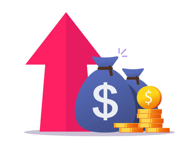 Money growth profit up arrow icon vector flat cartoon, cash benefit, economic inflation value increase, financial earning revenue interest rise symbol, economy investment, concept of budget boost  inflation stock illustrations