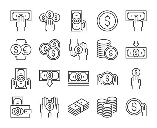 ilustrações de stock, clip art, desenhos animados e ícones de money icon. money and finance line icons set. editable stroke. pixel perfect. - dinheiro