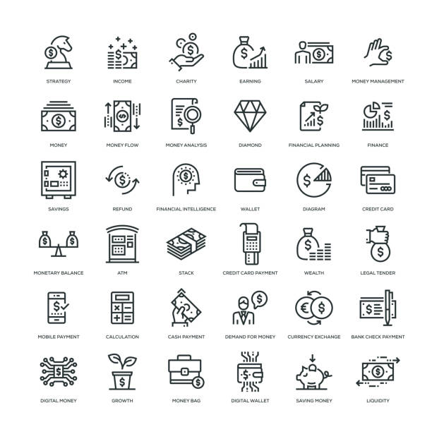 Money Icon Set 36 Money Icons - Line Series pile of credit cards stock illustrations