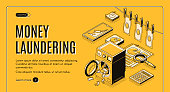 Money laundering web banner, landing page. Criminal cash cleaning in washing machine, clean and wet bills drying on rope, business infographics line art illustration. Tax evasion machinations concept