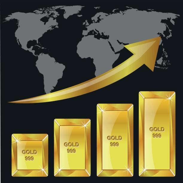 Money or Gold Power or Gold Saving Graph or Growth Chart - Illustration Gold or Money savings vector illustration with World Map in the background gold bar stock illustrations