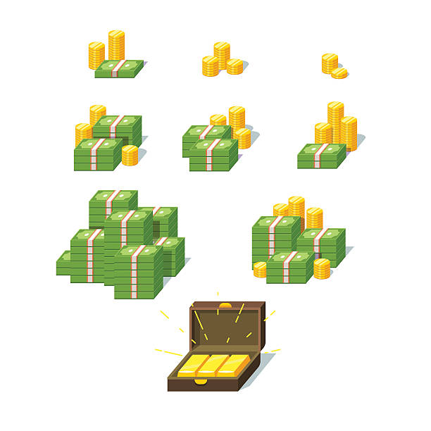 Money piles set Money piles set. Collection of stacked pile of green dollars cash, gold coins and gold bars in suitcase. Flat style vector illustration. pile of money stock illustrations