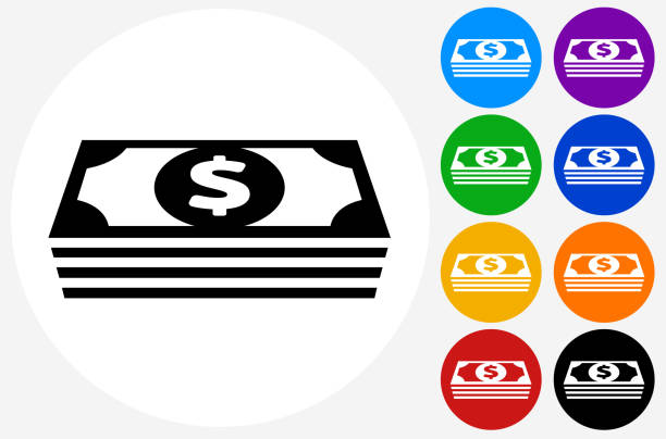 Money stack of US Dollars. Money stack of US Dollars.The icon is black and is placed on a round blue vector button. The button is flat white color and the background is light. The composition is simple and elegant. The vector icon is the most prominent part if this illustration. There are eight alternate button variations on the right side of the image. The alternate colors are orange, red, purple, yellow, black, green, blue and indigo. stack of money stock illustrations