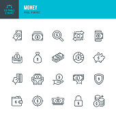 Money - thin line vector icon set. 20 linear icon. Pixel perfect. Editable outline stroke. The set contains icons: Credit Card, Money Bag, Paper Currency, Coins, ATM, Piggy Bank, Cashback.