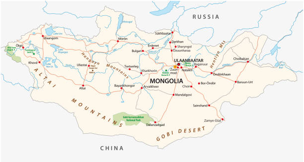 illustrazioni stock, clip art, cartoni animati e icone di tendenza di mongolia strada e mappa parco nazionale - gobi desert