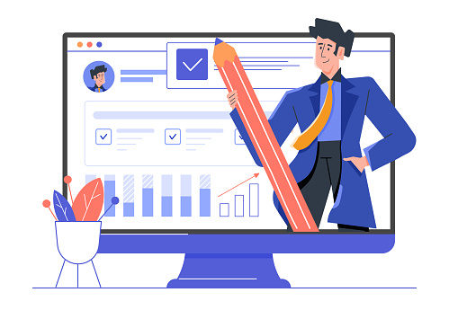 Monitor with a dashboard and a male character with a giant pencil. Personal productivity, schedule, employee performance report. Vector flat illustration.