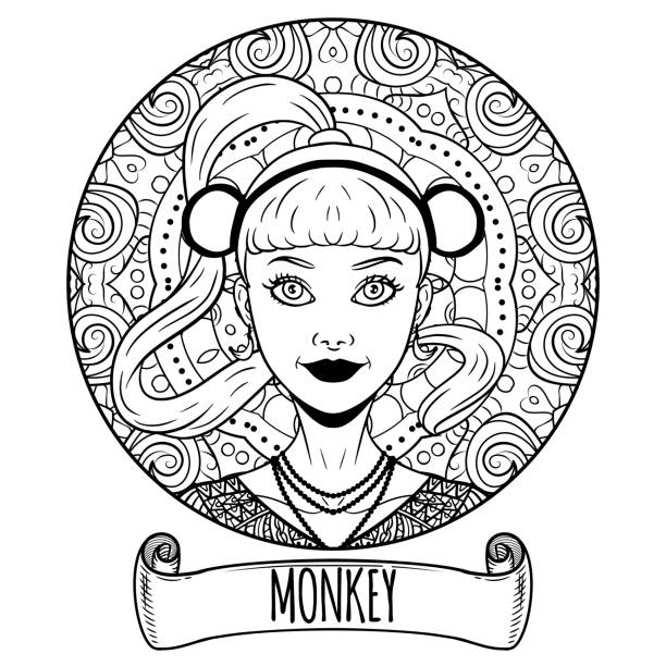 Monkey Chinese zodiac sign artwork as beautiful girl, adult coloring book page, vector illustration Monkey Chinese zodiac sign artwork as beautiful girl, adult coloring book page, vector illustration drawing of the bull head tattoo designs stock illustrations