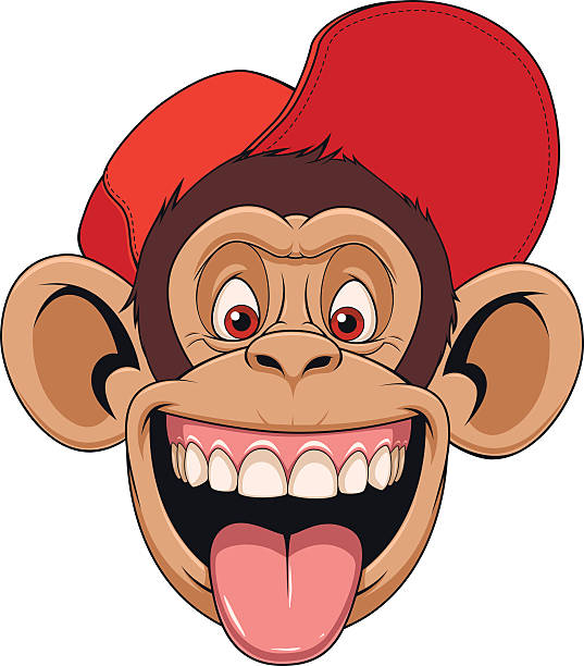 .Monkey head in a cap Vector illustration chimpanzee monkey head in a cap, laughing and showing tongue laughing monkey stock illustrations