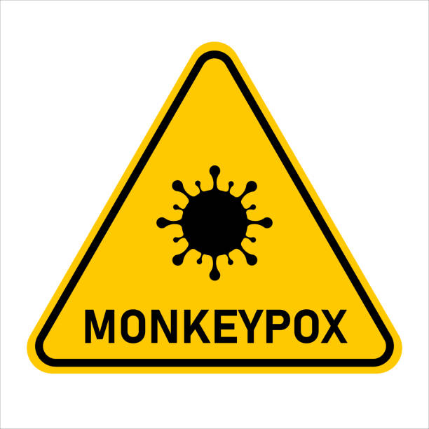 Monkey pox. Monkeypox. Yellow sign warning of the monkeypox virus. Vector image. monkeypox stock illustrations