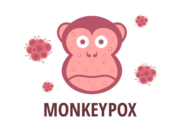monkey pox virus outbreak. vector design with primate face and skin rashes on white background. warning about an infectious disease - 猴痘 幅插畫檔、美工圖案、卡通及圖標