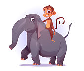 istock Monkey riding on elephant back, cartoon characters 1346303101