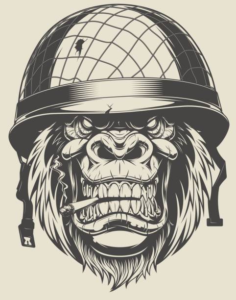 Monkey soldier with a cigarette Vector illustration of a monkey American soldier smokes a cigarette in a helmet with Smoking Kills stock illustrations