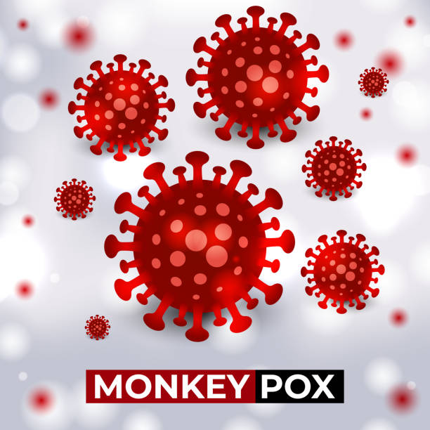 ilustraciones, imágenes clip art, dibujos animados e iconos de stock de las células del virus de la viruela del mono estallan en la bandera médica. - monkey pox