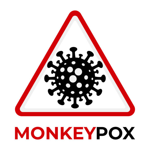 Monkeypox virus icon in red warning triangle sign. Monkeypox virus icon in red warning triangle sign on black square background. Monkeypox virus cell outbreak medical banner. Vector monkey pox cell. monkey pox stock illustrations