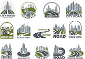 Monochrome big set of logotypes template with asphalt roads, expressway or highway. Vector road and travel, expressway and speedway illustration