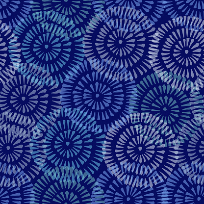 Monochrome  Bright Tie-Dye Shibori Sunburst Circles Indigo Background Vector Seamless Pattern. Design Element for Spring-Summer Textiles, Wrapping Papers and Decoration.