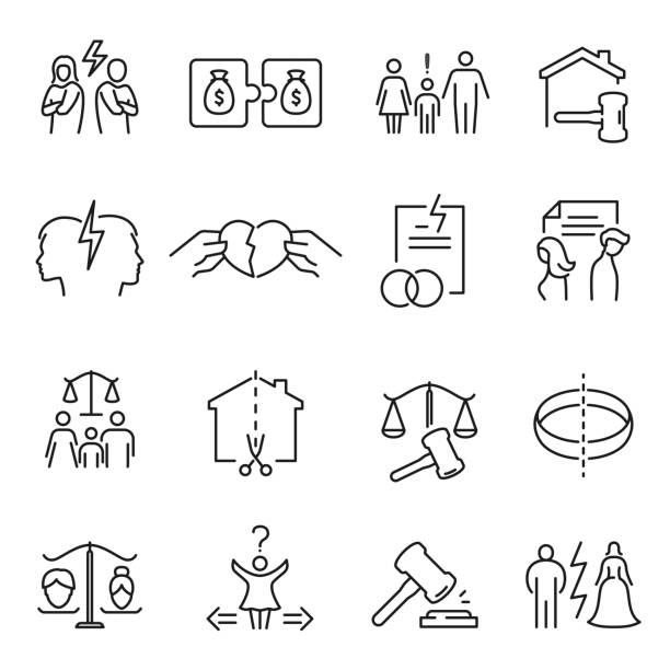 Monochrome divorce line icon set vector illustration. Simple logotype relationship trouble, conflict Monochrome divorce line icon set vector illustration. Simple logotype of relationship trouble, conflict, broken heart, property money and children division, trial processing, offend isolated divorce icons stock illustrations