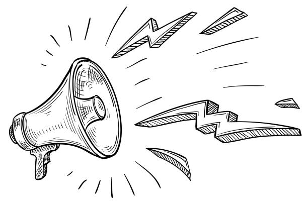 ilustraciones, imágenes clip art, dibujos animados e iconos de stock de monocromo dibujado a mano gritando megáfono - megaphone