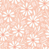 istock Monochrome hand-painted daisies and foliage on peach pink background vector seamless patters. Spring summer floral print 1147608155