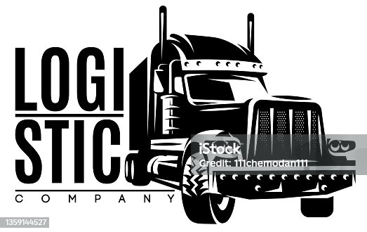 istock Monochrome illustration with truck for long-distance transportation of goods. The topic of large-scale delivery and logistics. Design element for business cards, flyers, advertisements, webdesign 1359144527